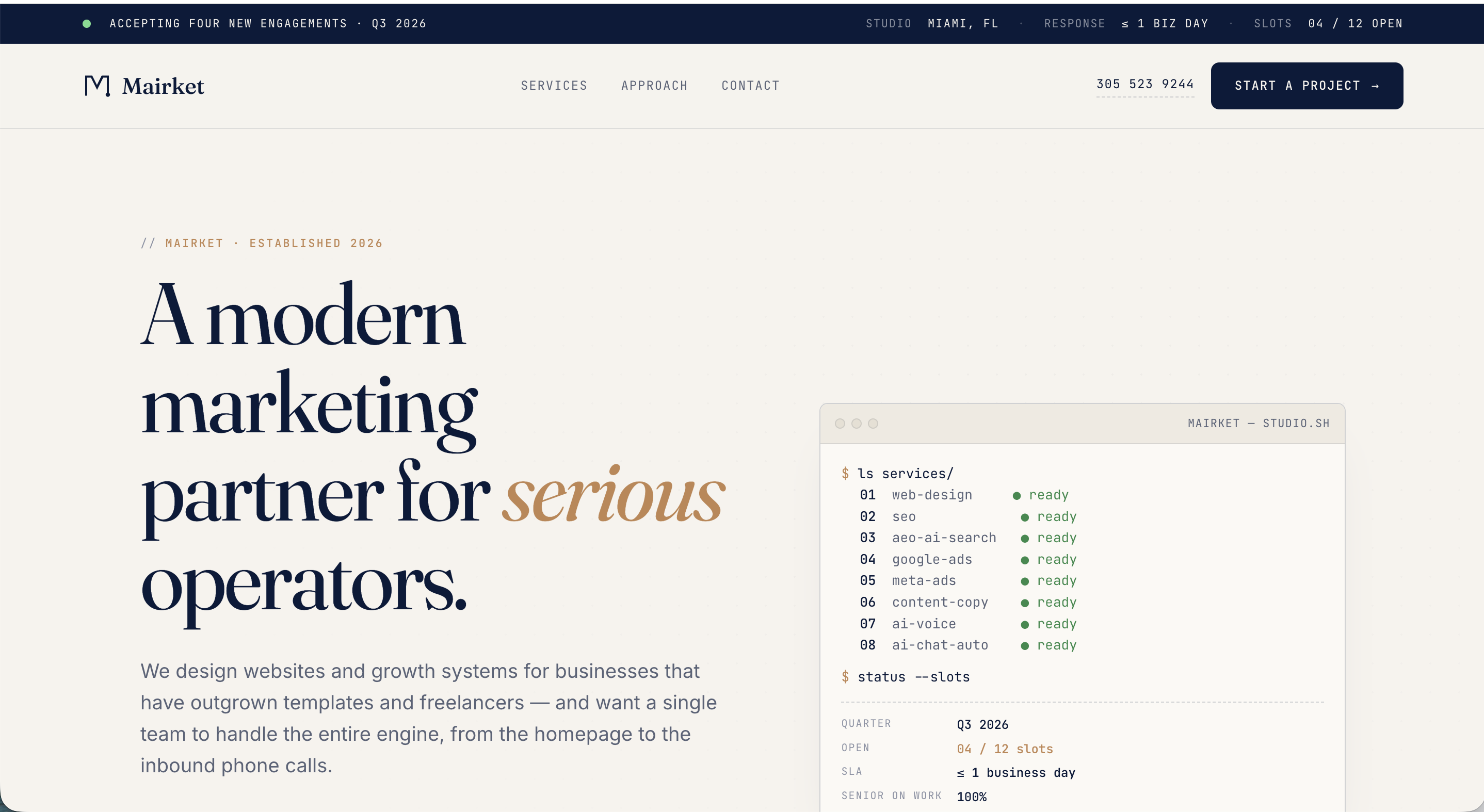 The homepage of the done-for-you agency site, showing its headline and services panel