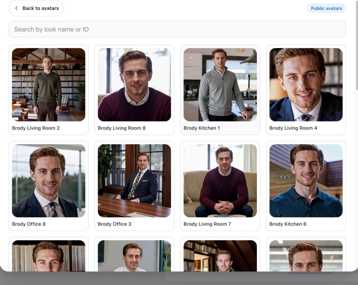 The look selector inside PersonAIble showing many different settings and outfits for a single actor