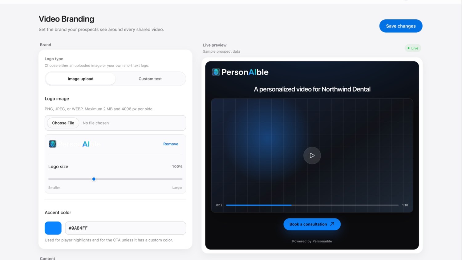 The Video Branding settings screen inside PersonAIble showing logo upload, accent color and a live preview of the branded page