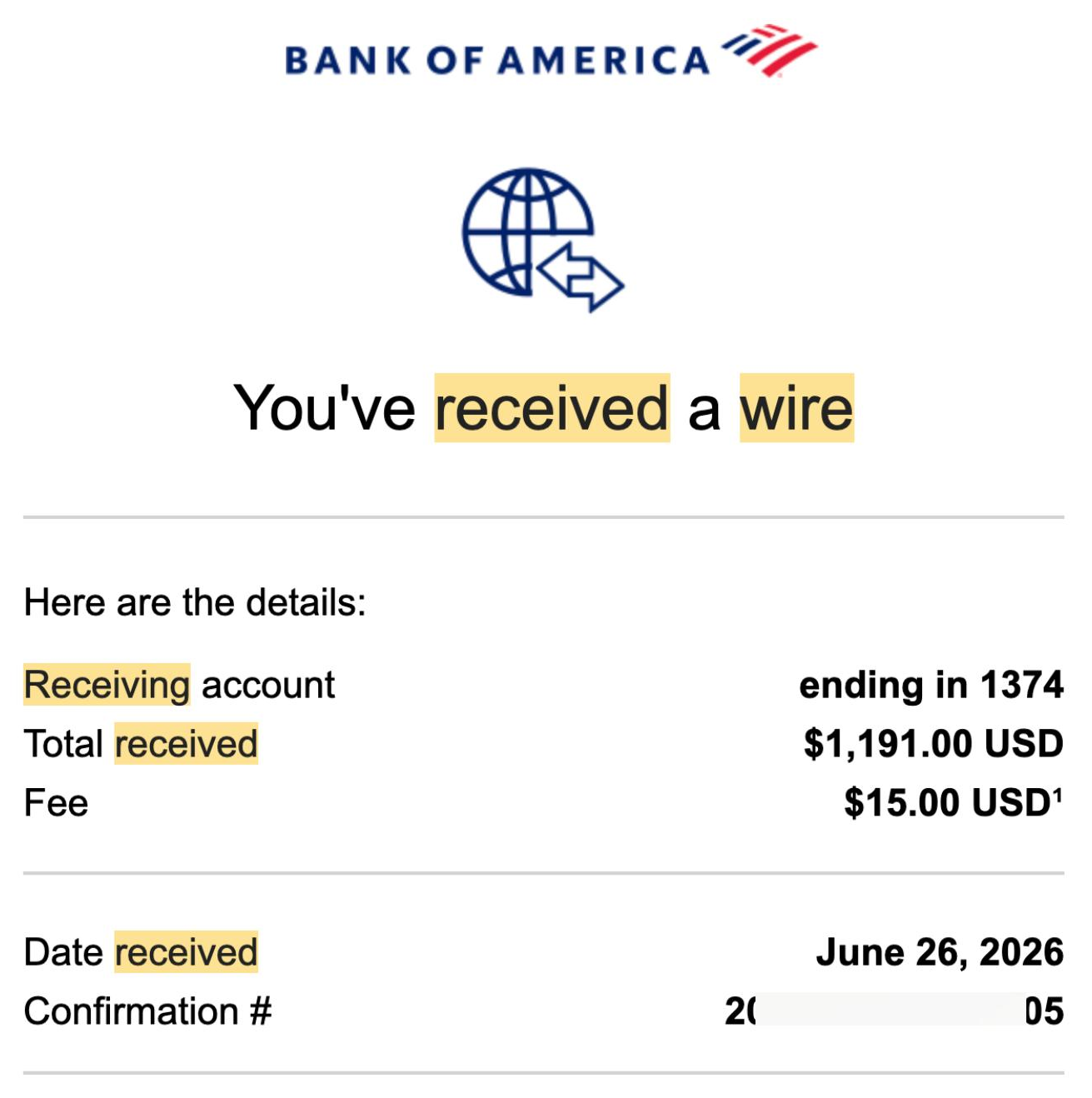 Bank wire notice for $1,191.00 received June 26, 2026