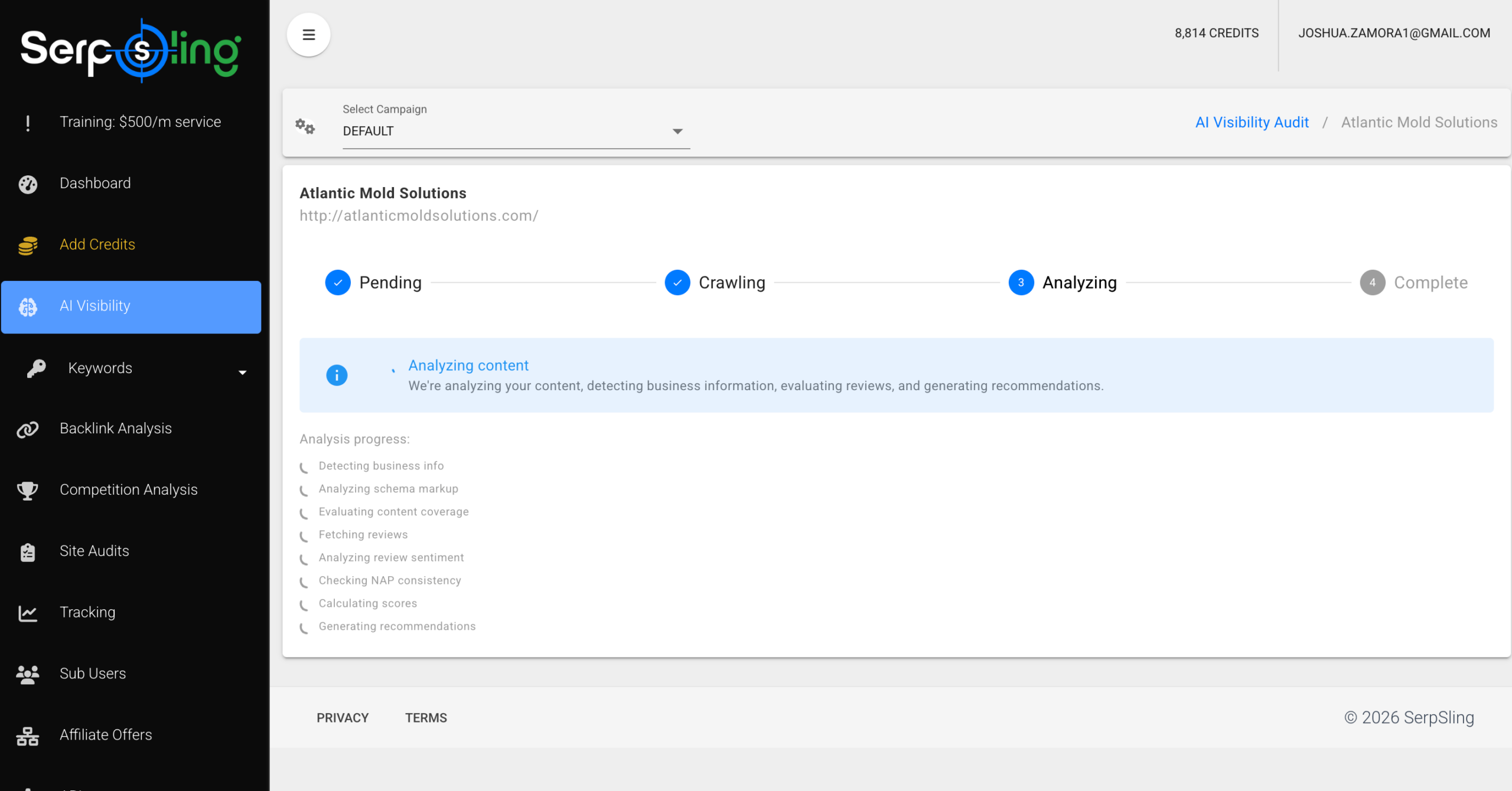 The SerpSling AI dashboard running an AI visibility audit, showing the pending, crawling and analyzing stages