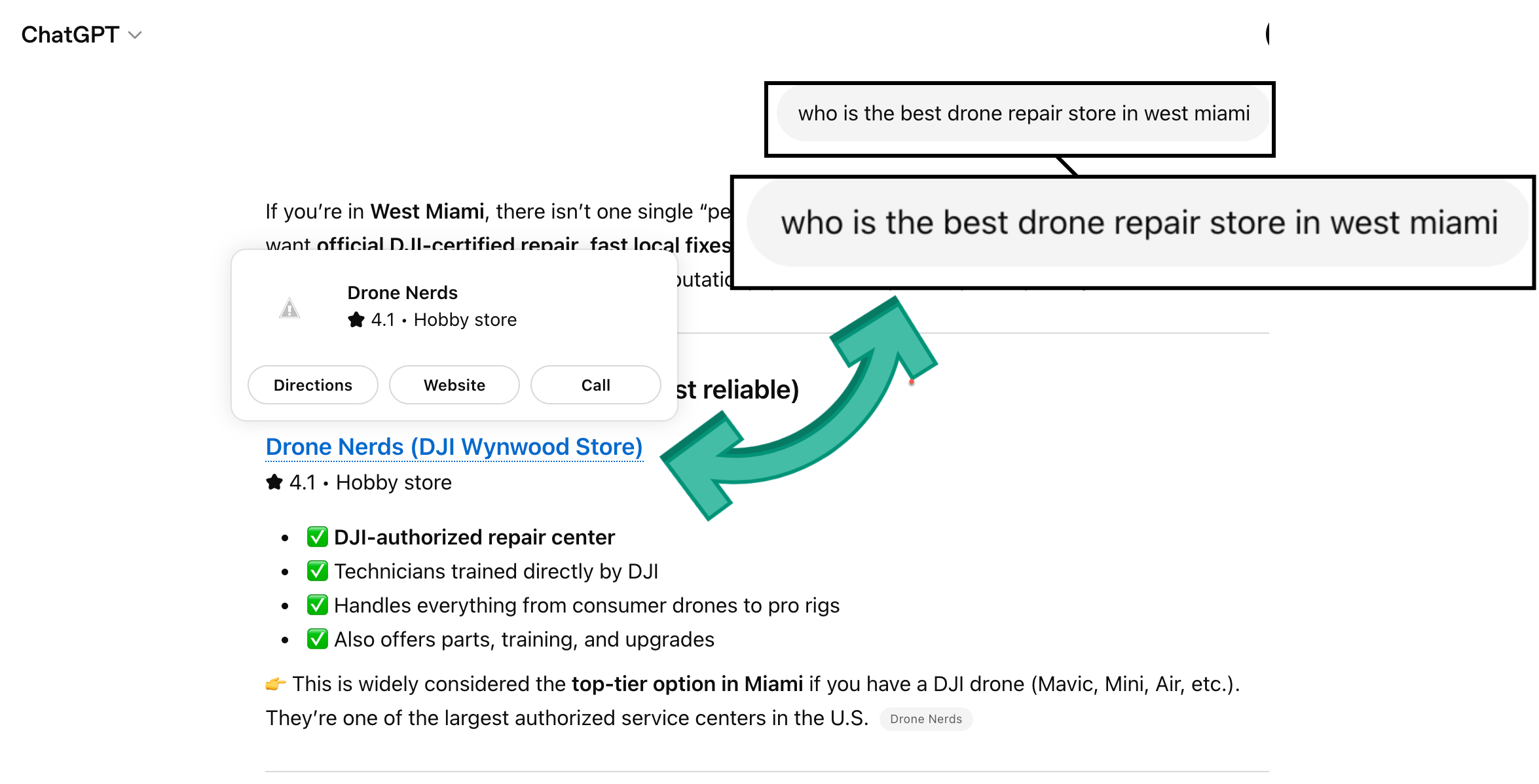 A ChatGPT answer recommending the client&rsquo;s business by name in response to a buyer question