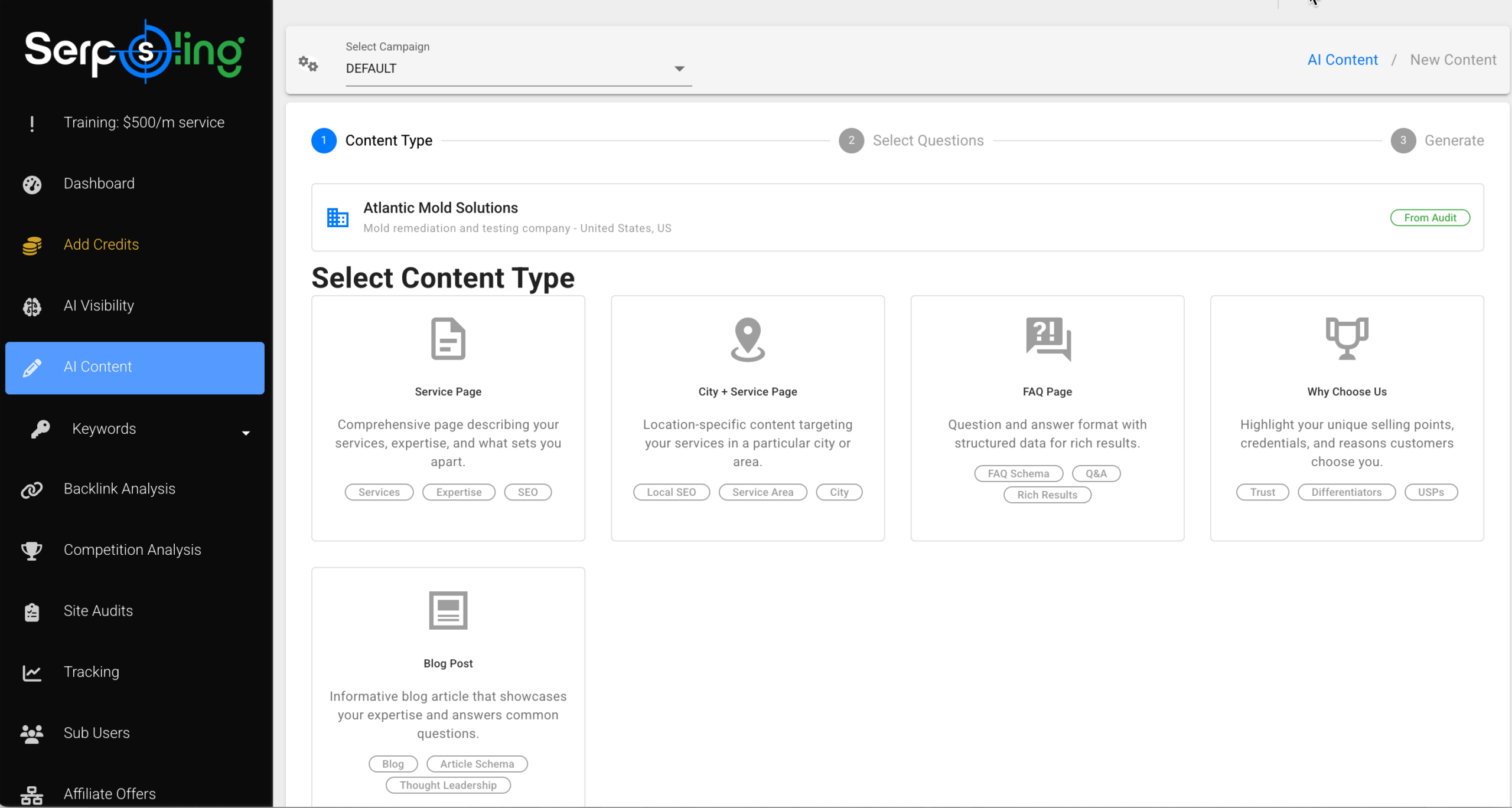 The SerpSling AI content deployment screen, where you pick the content type to publish