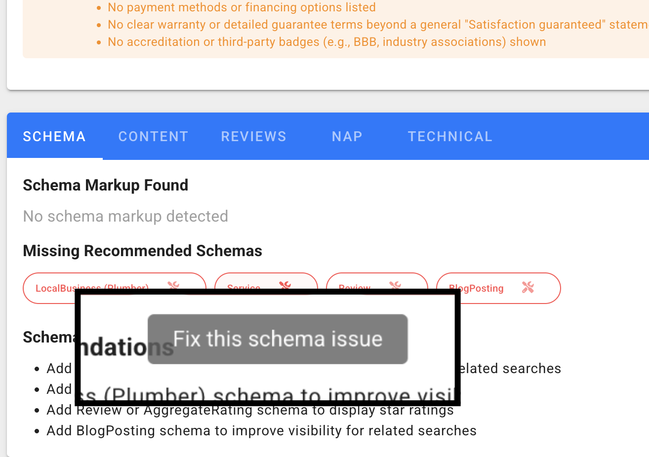 The SerpSling AI schema tab showing missing recommended schemas and a &ldquo;Fix this schema issue&rdquo; button