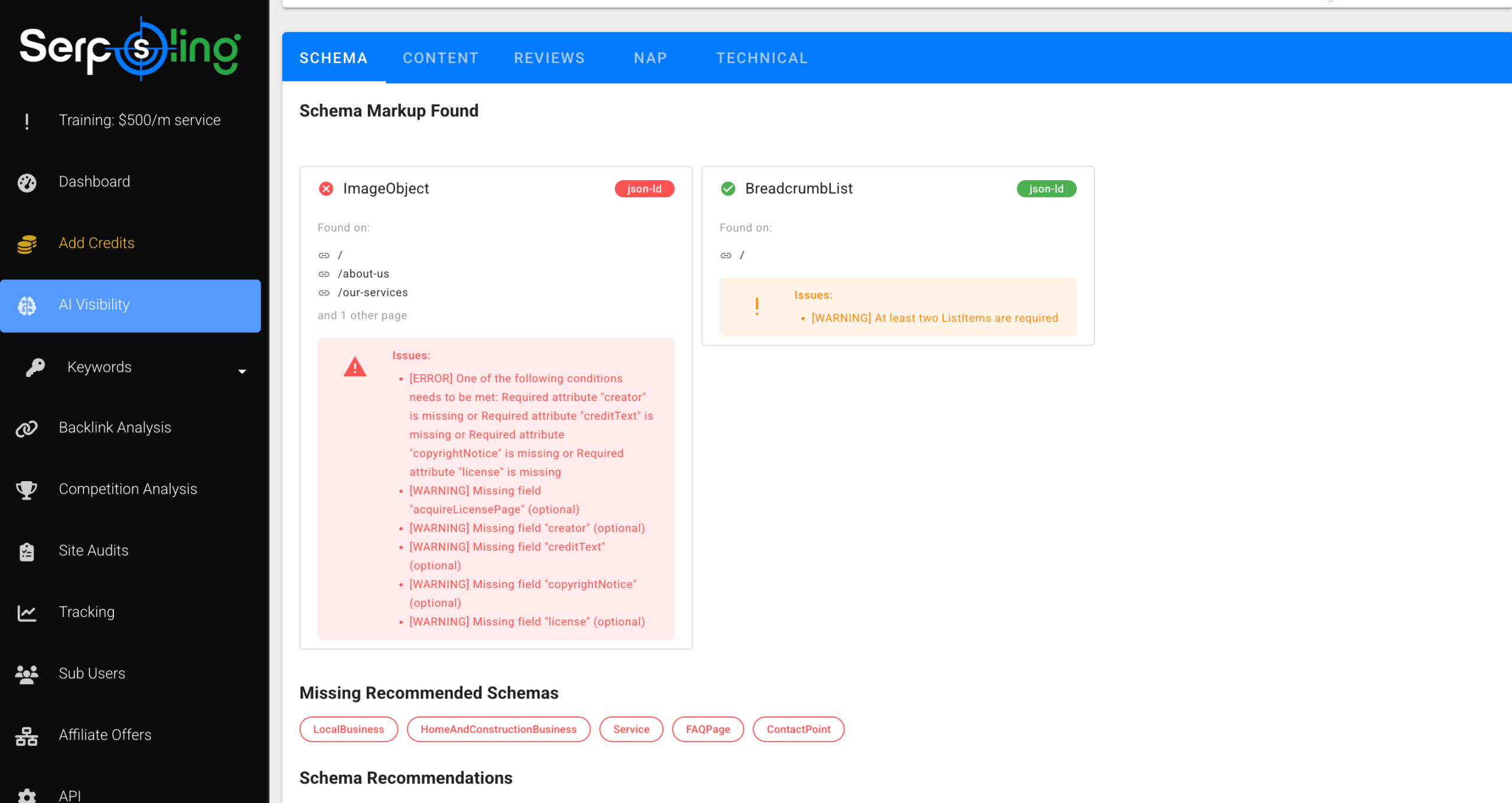 The SerpSling AI schema markup screen listing the schema issues found and the recommended schemas to add